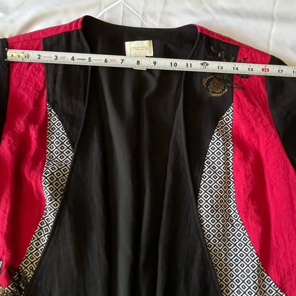 Chico's Size 2 Black Open Front Sequin Embroidered Jacket Cardigan Floral